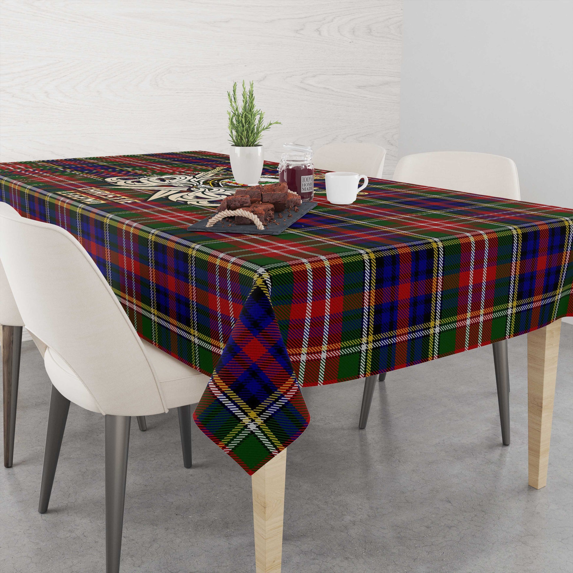Tartan Vibes Clothing Christie Tartan Tablecloth with Clan Crest and the Golden Sword of Courageous Legacy
