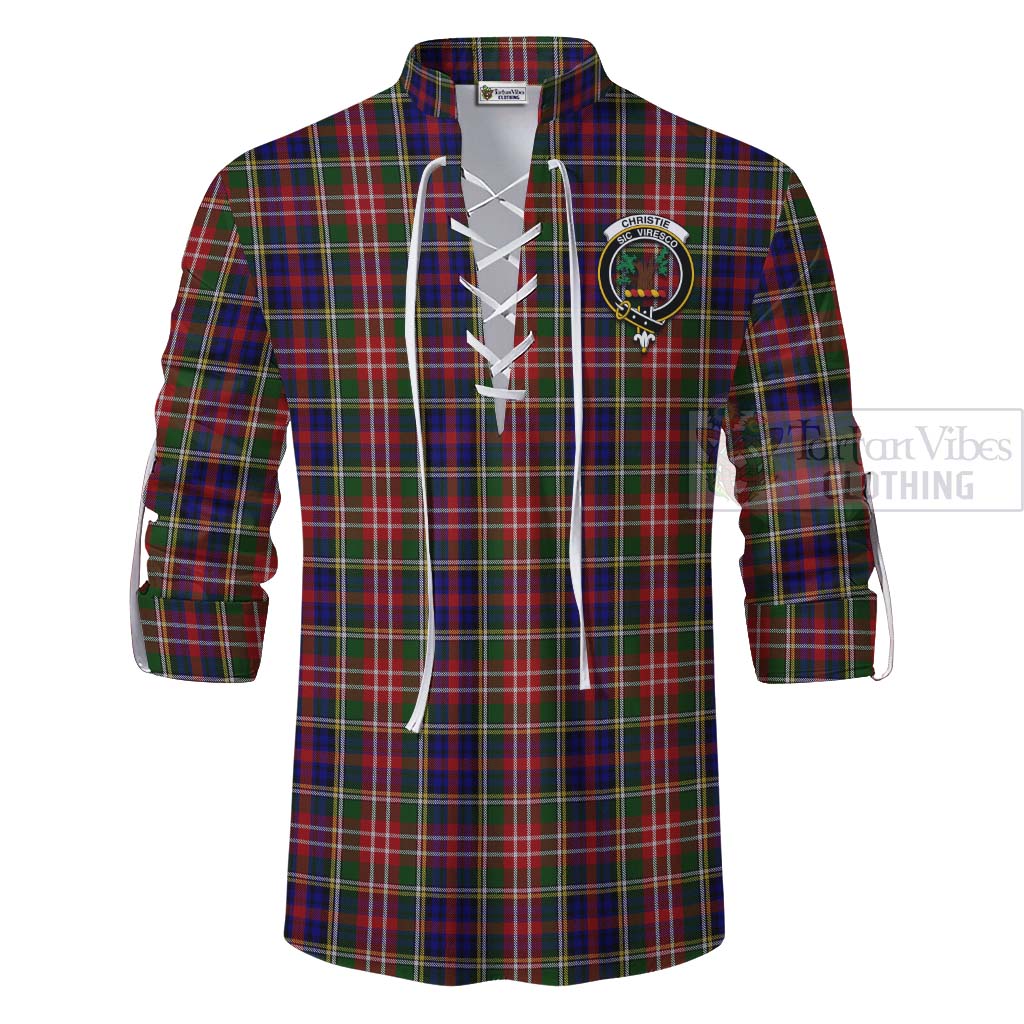 Tartan Vibes Clothing Christie Tartan Ghillie Kilt Shirt with Family Crest and Bearded Skull Holding Bottles of Whiskey