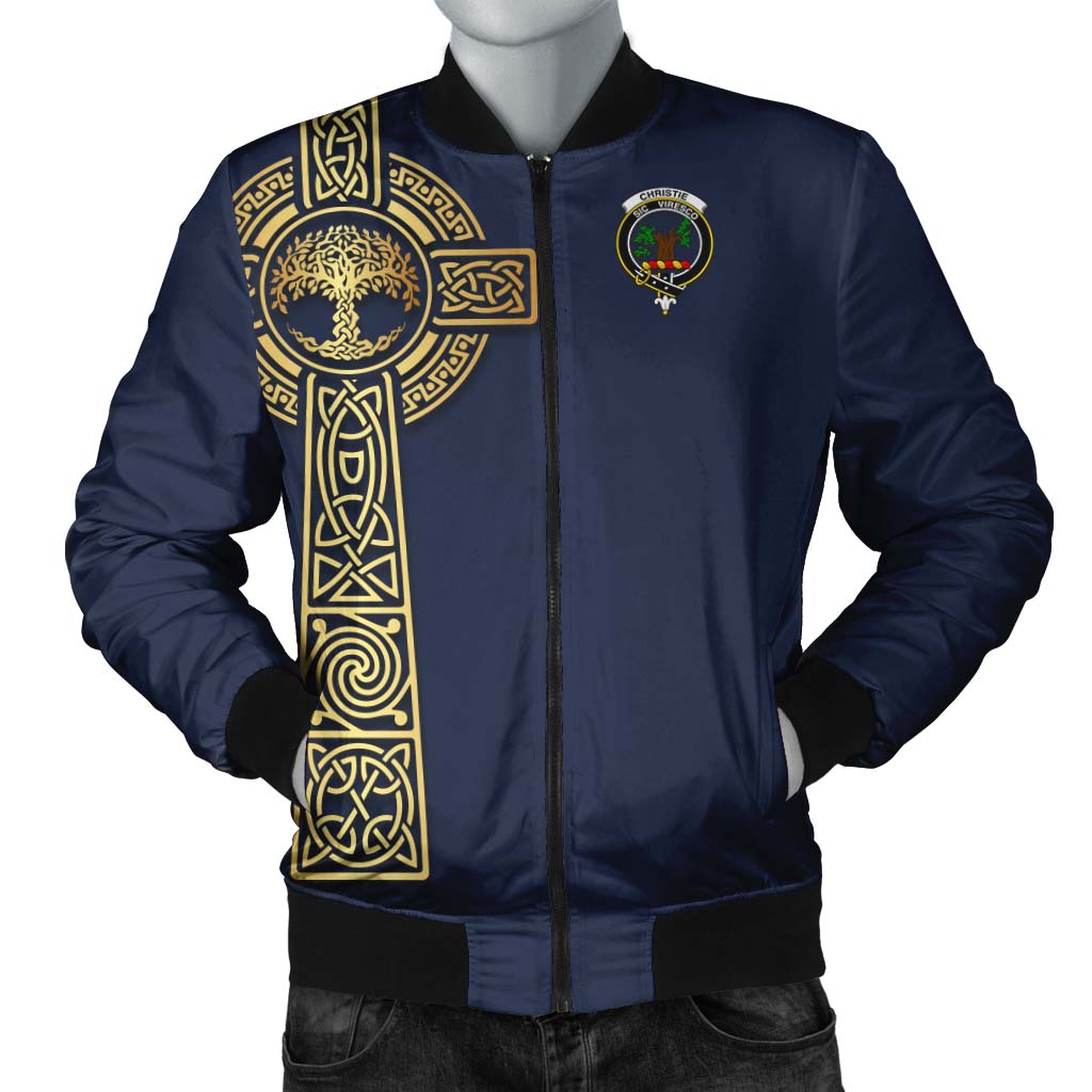 Christie Clan Bomber Jacket with Golden Celtic Tree Of Life Unisex Navy - Tartanvibesclothing