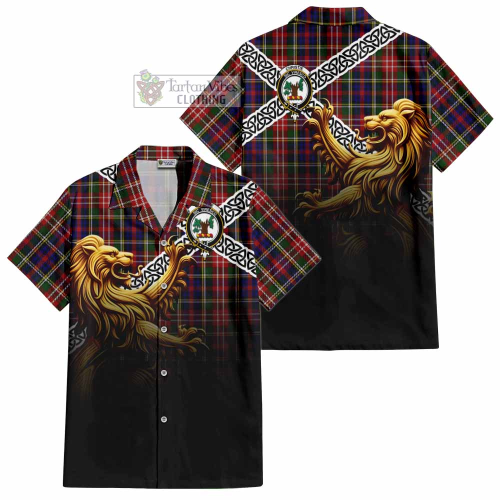 Tartan Vibes Clothing Christie Crest Tartan Short Sleeve Button Shirt with Golden Lion Emblem Celtic Style