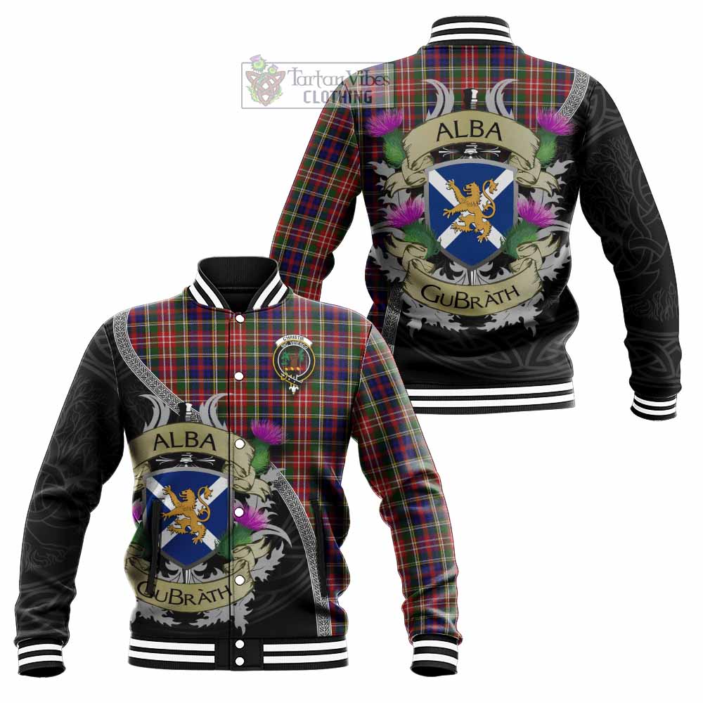 Tartan Vibes Clothing Christie Tartan Family Crest Baseball Jacket Lion Rampant Royal Thistle Shield Celtic Inspired
