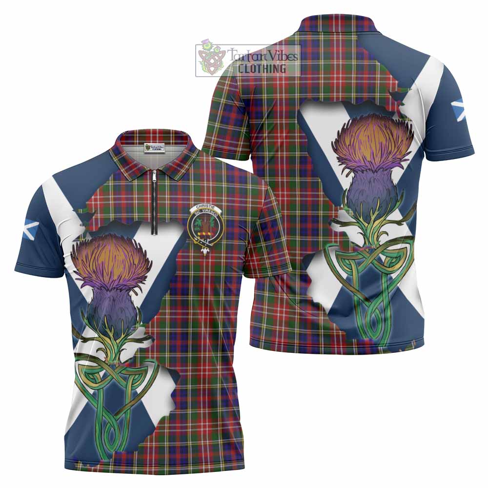 Tartan Vibes Clothing Christie Tartan Family Crest Zipper Polo Shirt Scottish Thistle Celtic Inspired