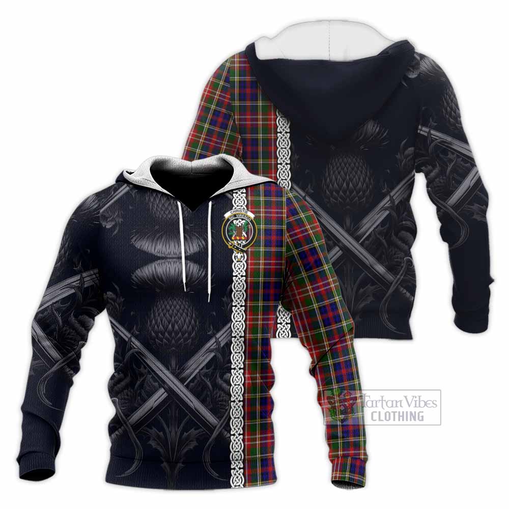 Tartan Vibes Clothing Christie Tartan Knitted Hoodie with Family Crest Cross Sword Thistle Celtic Vibes