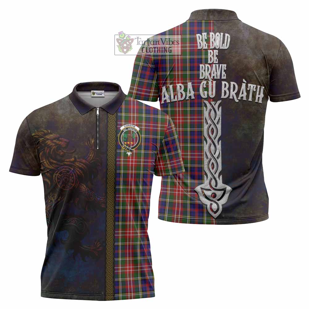 Tartan Vibes Clothing Christie Tartan Family Crest Zipper Polo Shirt Alba Gu Brath Be Brave Lion Ancient Style