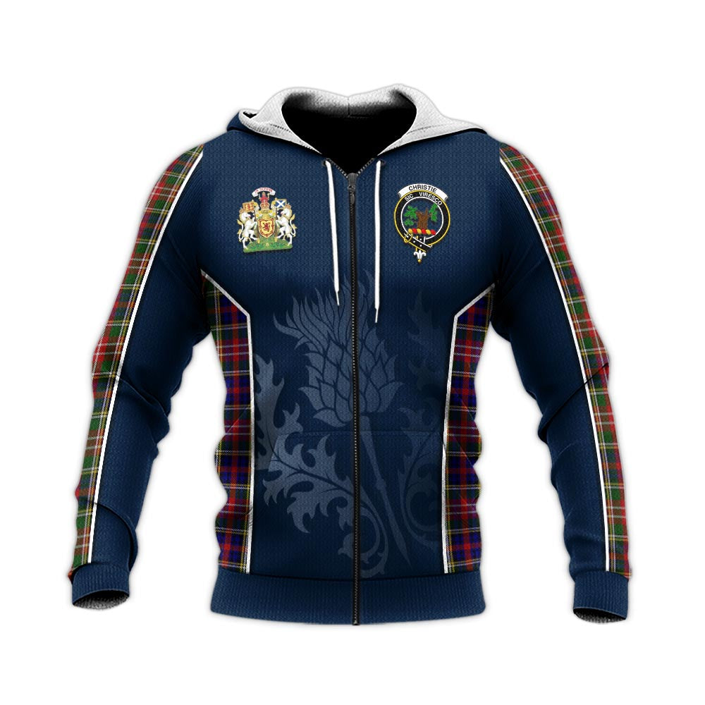 Tartan Vibes Clothing Christie Tartan Knitted Hoodie with Family Crest and Scottish Thistle Vibes Sport Style