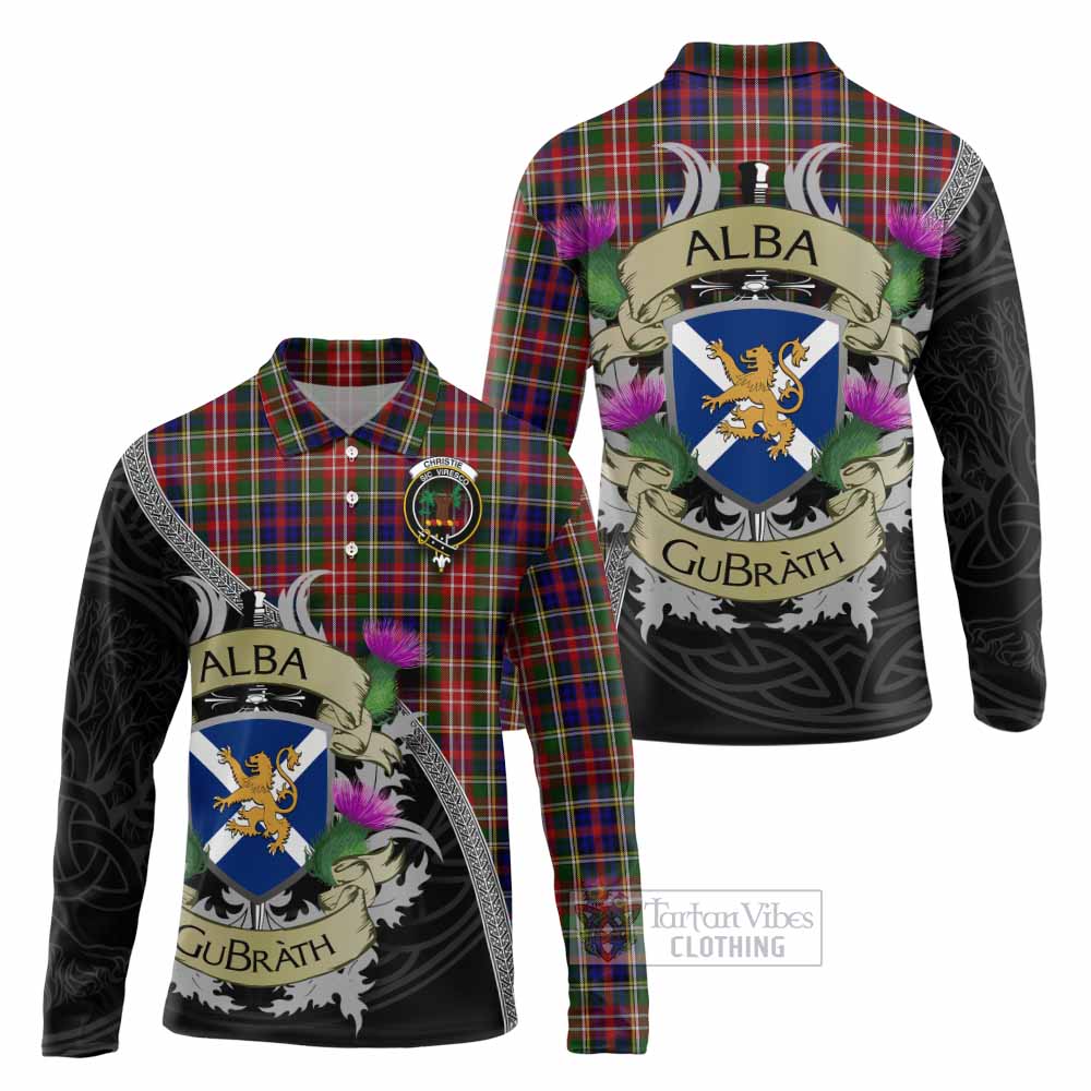 Tartan Vibes Clothing Christie Tartan Family Crest Long Sleeve Polo Shirt Lion Rampant Royal Thistle Shield Celtic Inspired