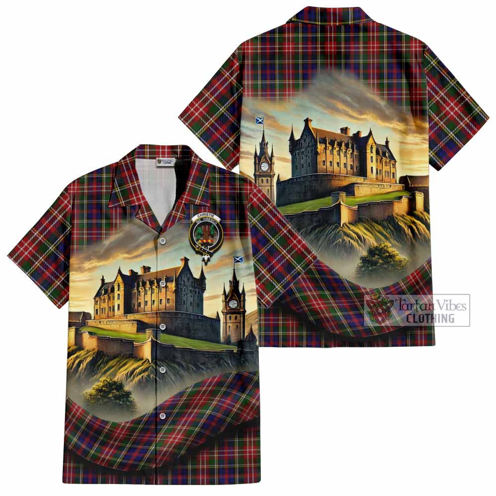 Tartan Vibes Clothing Christie Tartan Family Crest Short Sleeve Button Shirt with Scottish Ancient Castle Style
