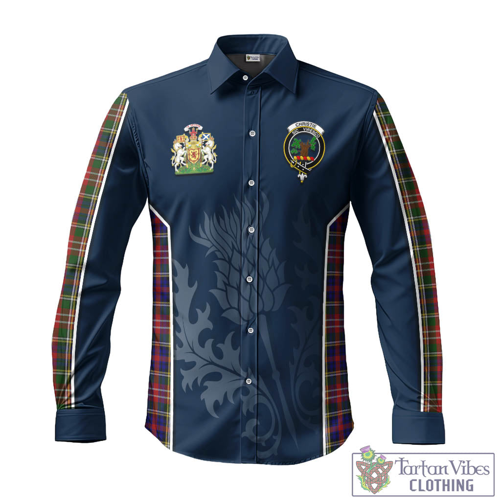 Tartan Vibes Clothing Christie Tartan Long Sleeve Button Up Shirt with Family Crest and Scottish Thistle Vibes Sport Style