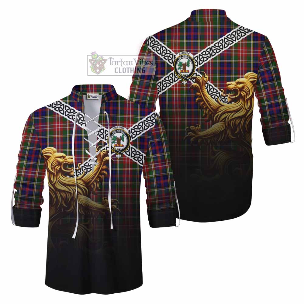 Tartan Vibes Clothing Christie Crest Tartan Ghillie Kilt Shirt with Golden Lion Emblem Celtic Style