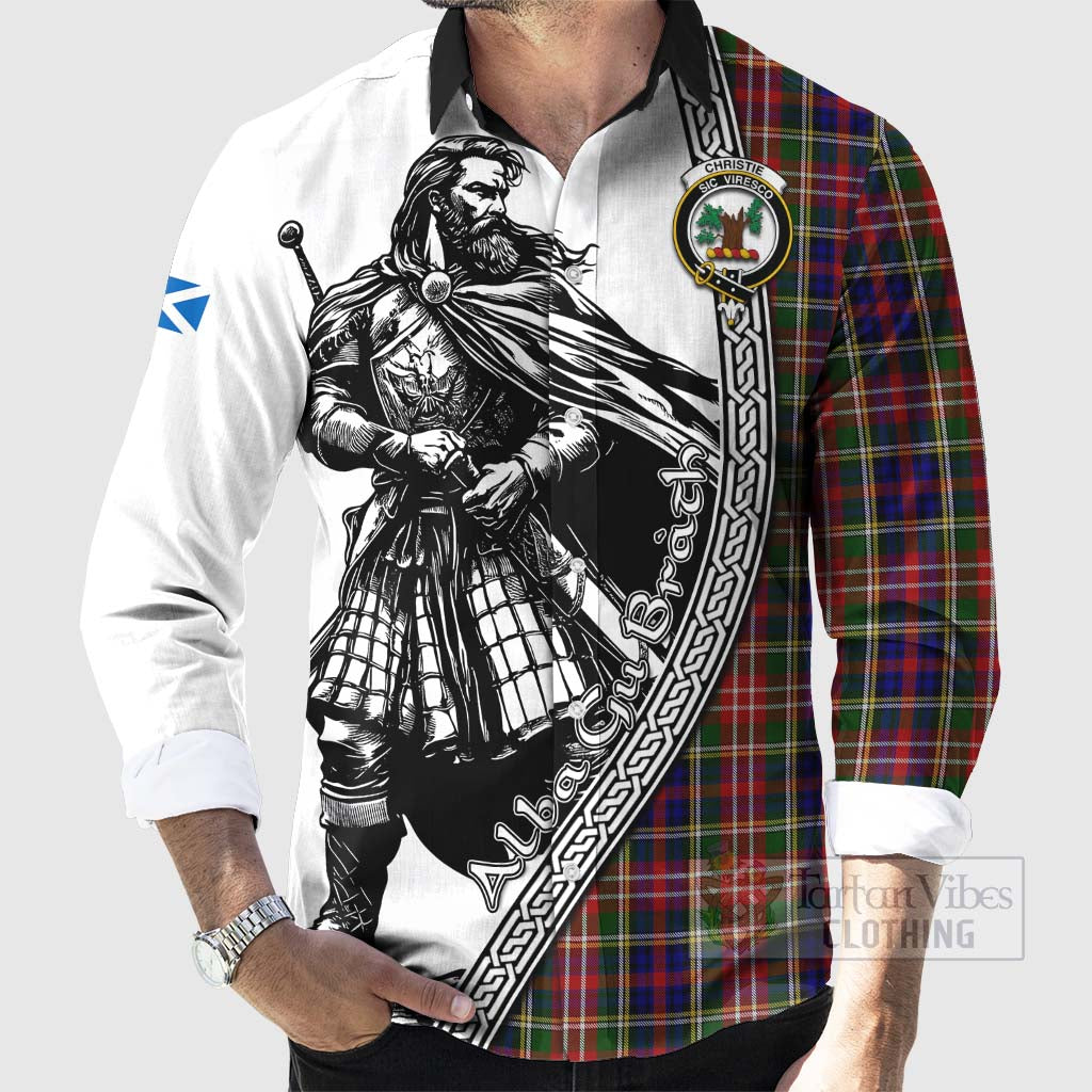 Tartan Vibes Clothing Christie Tartan Clan Crest Long Sleeve Button Shirt with Highlander Warrior Celtic Style