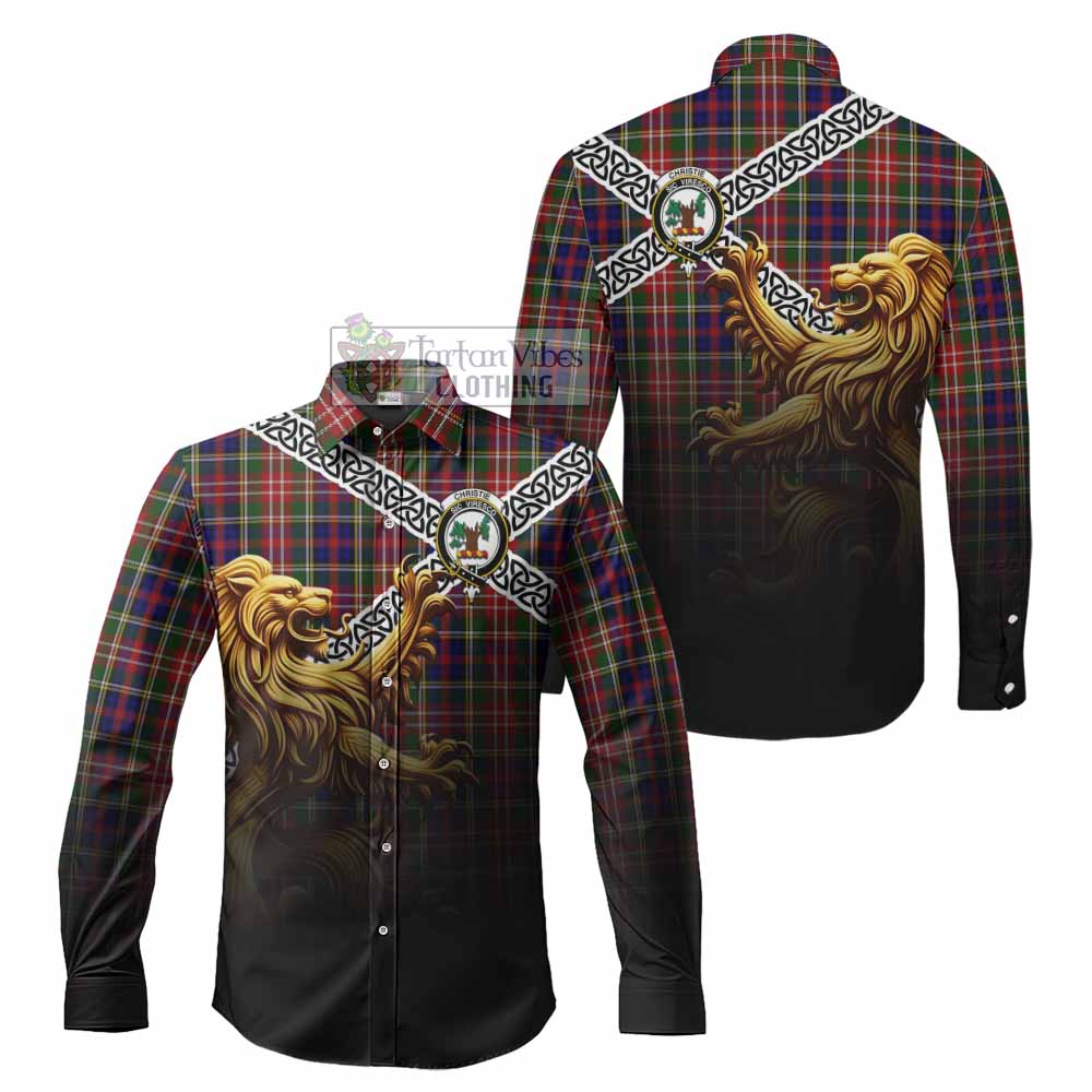 Tartan Vibes Clothing Christie Crest Tartan Long Sleeve Button Shirt with Golden Lion Emblem Celtic Style