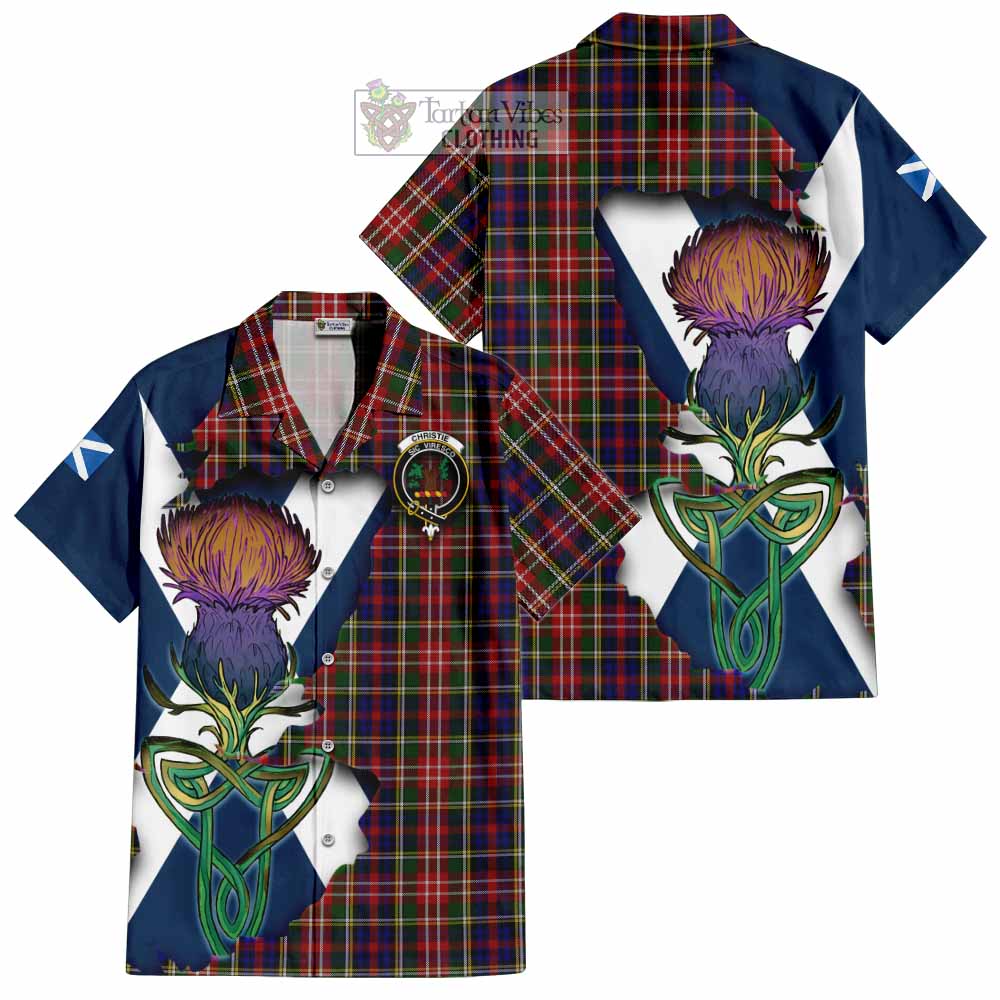 Tartan Vibes Clothing Christie Tartan Family Crest Short Sleeve Button Shirt Scottish Thistle Celtic Inspired