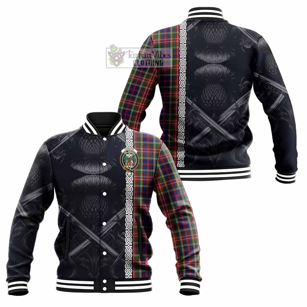 Tartan Vibes Clothing Christie Tartan Baseball Jacket with Family Crest Cross Sword Thistle Celtic Vibes