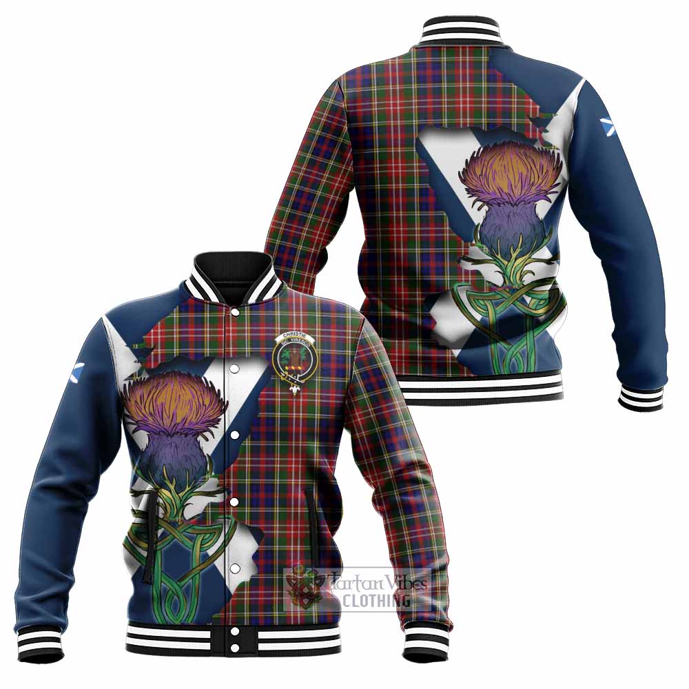 Tartan Vibes Clothing Christie Tartan Family Crest Baseball Jacket Scottish Thistle Celtic Inspired