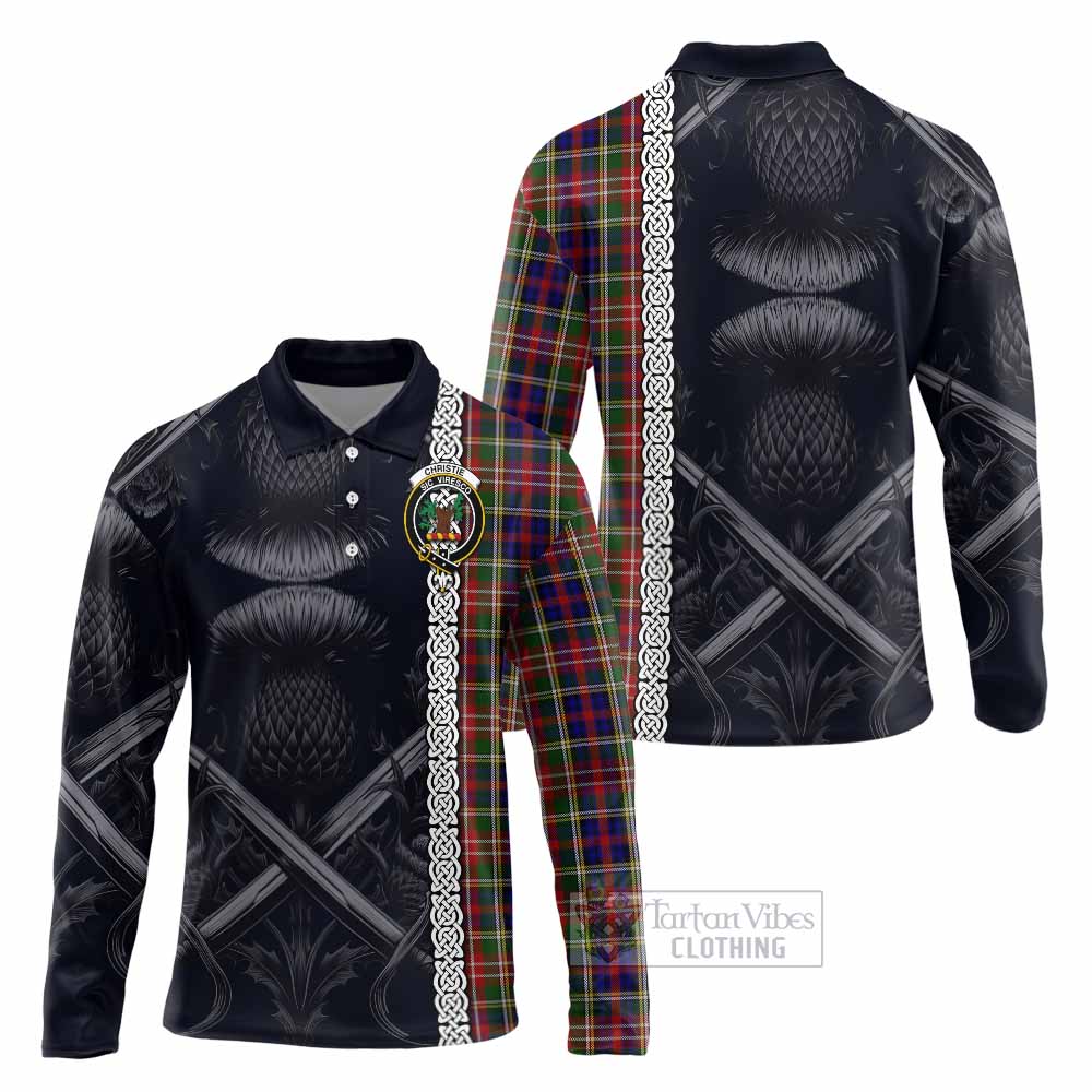 Tartan Vibes Clothing Christie Tartan Long Sleeve Polo Shirt with Family Crest Cross Sword Thistle Celtic Vibes