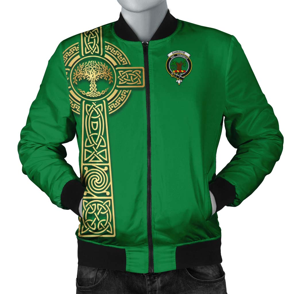 Christie Clan Bomber Jacket with Golden Celtic Tree Of Life Unisex Irish Green - Tartanvibesclothing