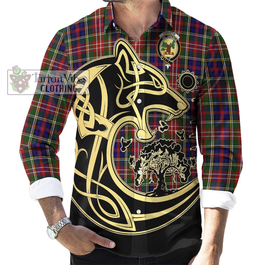 Christie Tartan Long Sleeve Button Shirt with Family Crest Celtic Wolf Style - Tartan Vibes Clothing
