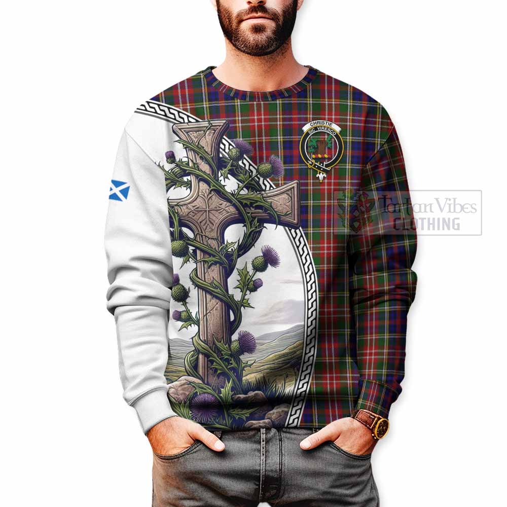 Tartan Vibes Clothing Christie Tartan Sweatshirt with Family Crest and St. Andrew's Cross Accented by Thistle Vines
