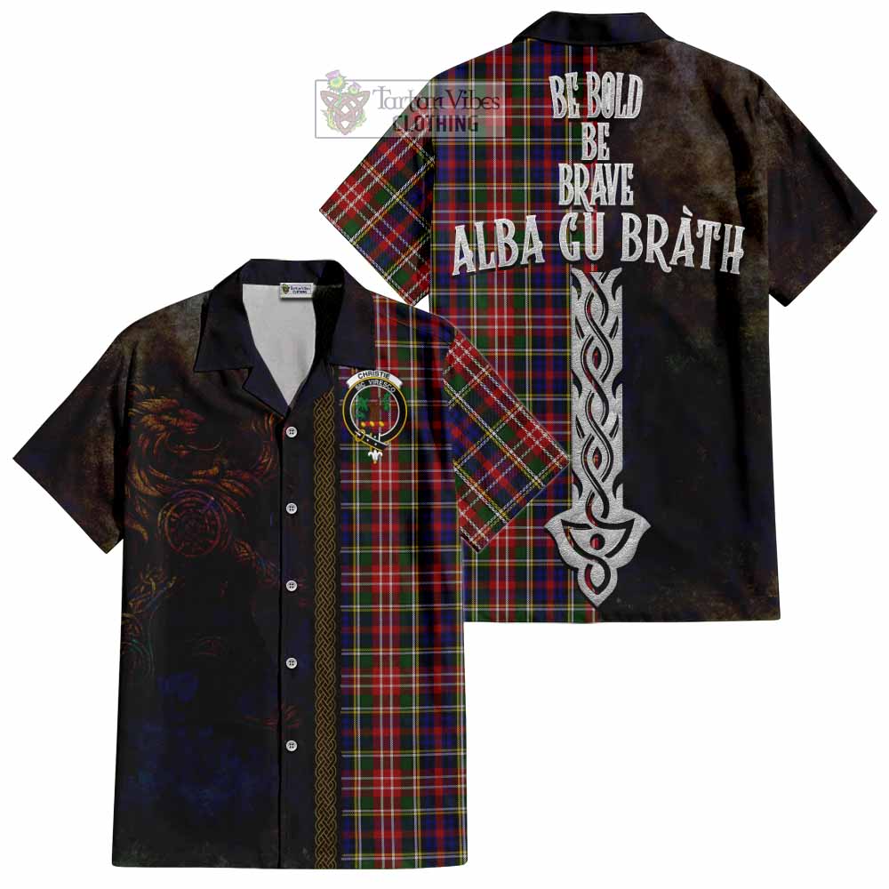Tartan Vibes Clothing Christie Tartan Family Crest Short Sleeve Button Shirt Alba Gu Brath Be Brave Lion Ancient Style