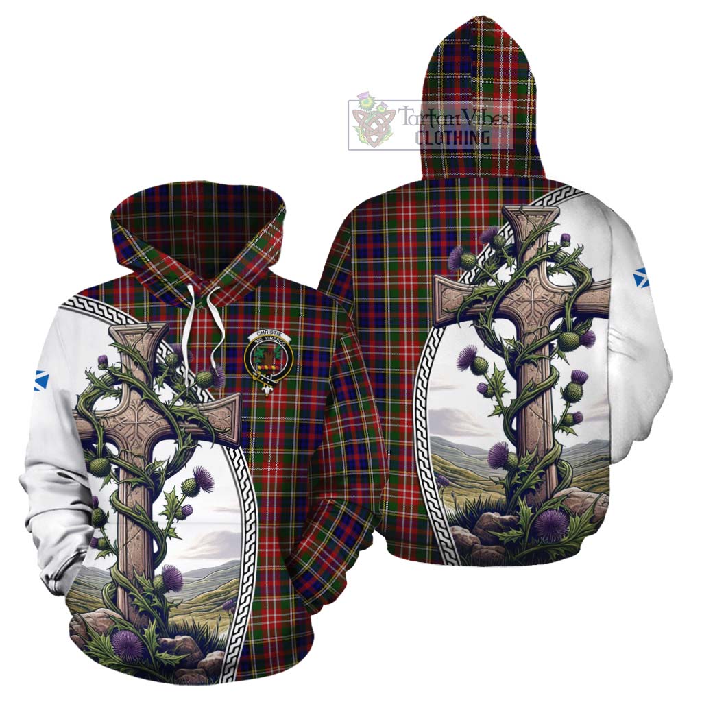 Tartan Vibes Clothing Christie Tartan Cotton Hoodie with Family Crest and St. Andrew's Cross Accented by Thistle Vines