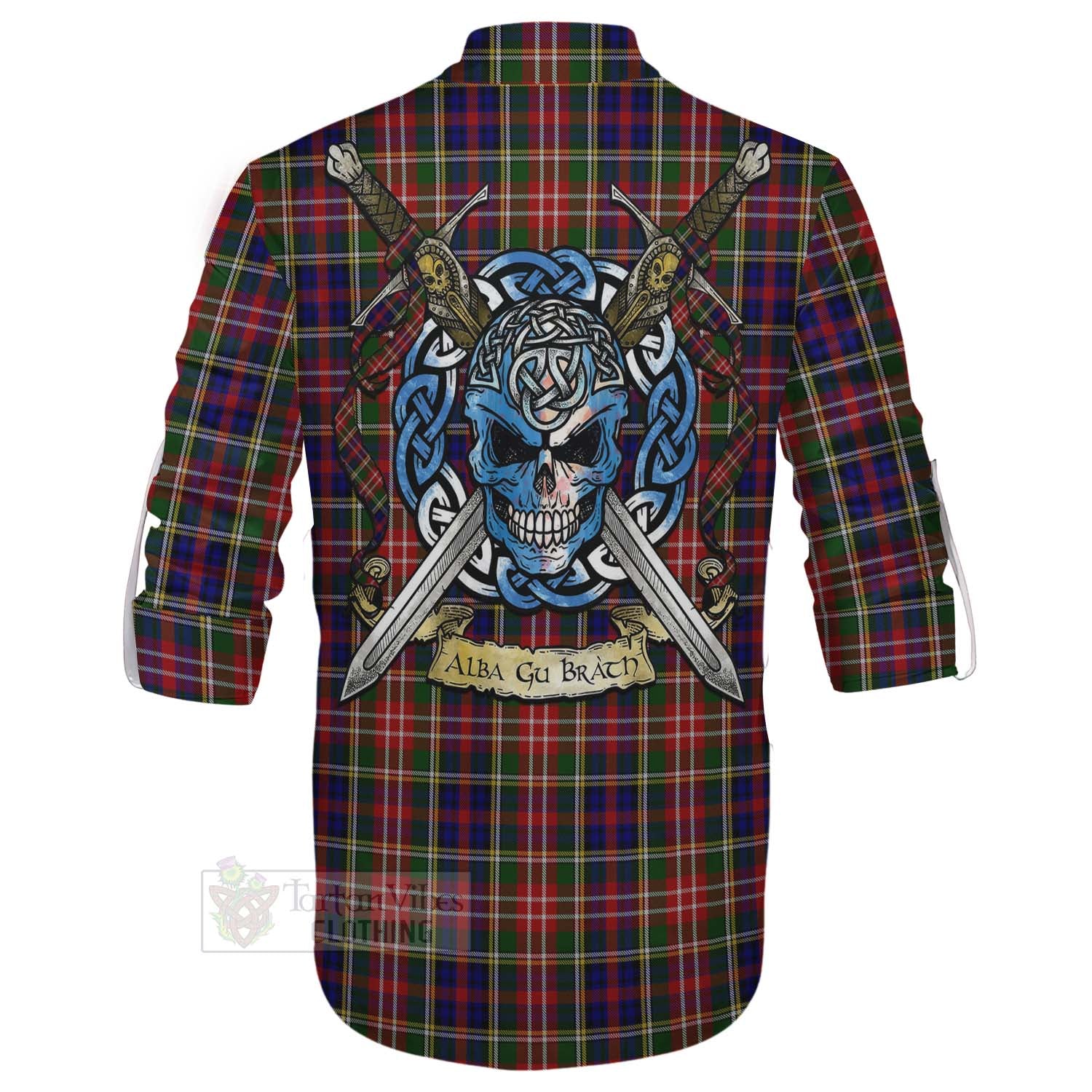 Tartan Vibes Clothing Christie Tartan Ghillie Kilt Shirt with Family Crest Celtic Skull Style