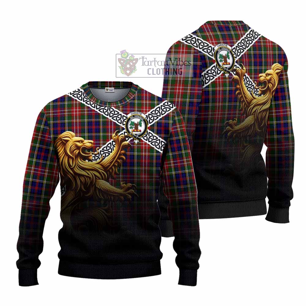 Tartan Vibes Clothing Christie Crest Tartan Knitted Sweater with Golden Lion Emblem Celtic Style