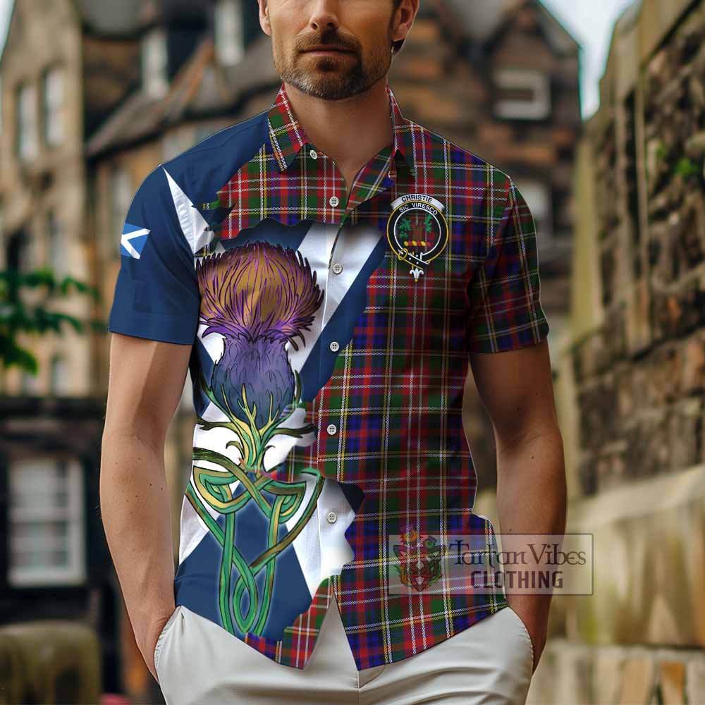 Tartan Vibes Clothing Christie Tartan Family Crest Short Sleeve Button Shirt Scottish Thistle Celtic Inspired