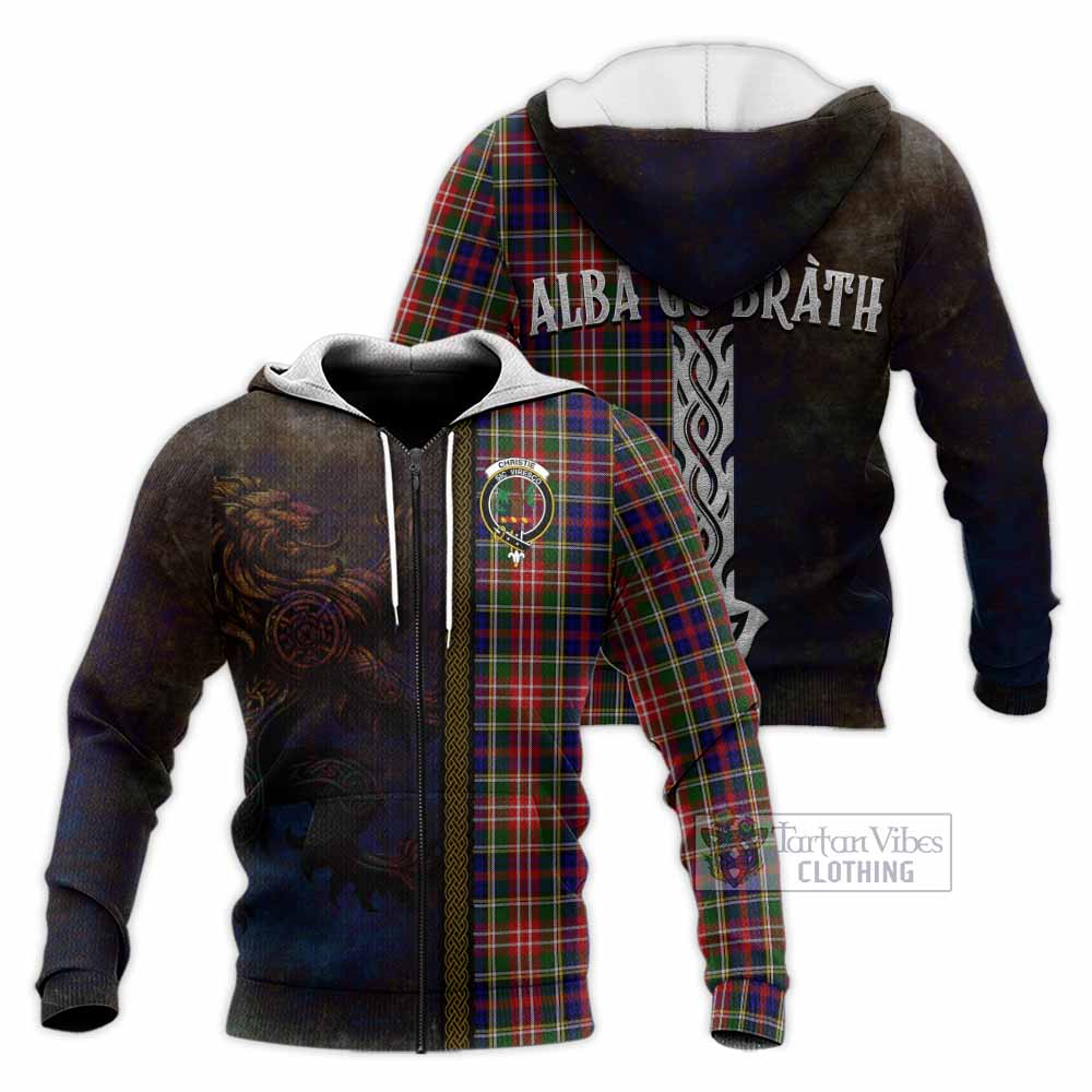 Tartan Vibes Clothing Christie Tartan Family Crest Knitted Hoodie Alba Gu Brath Be Brave Lion Ancient Style