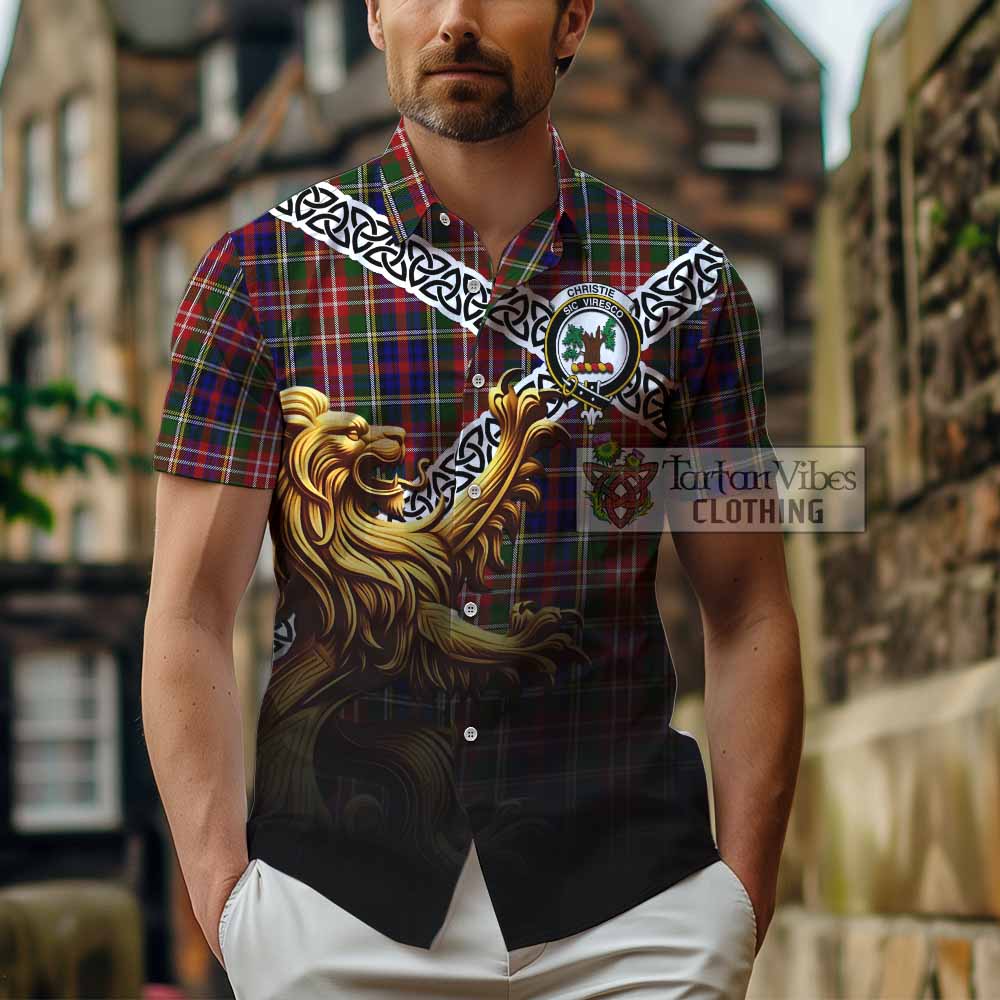Tartan Vibes Clothing Christie Crest Tartan Short Sleeve Button Shirt with Golden Lion Emblem Celtic Style