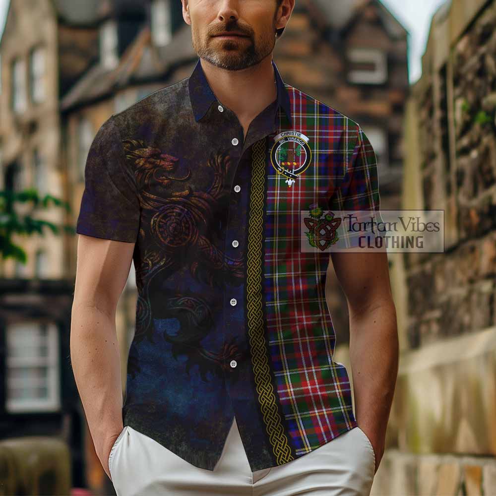 Tartan Vibes Clothing Christie Tartan Family Crest Short Sleeve Button Shirt Alba Gu Brath Be Brave Lion Ancient Style