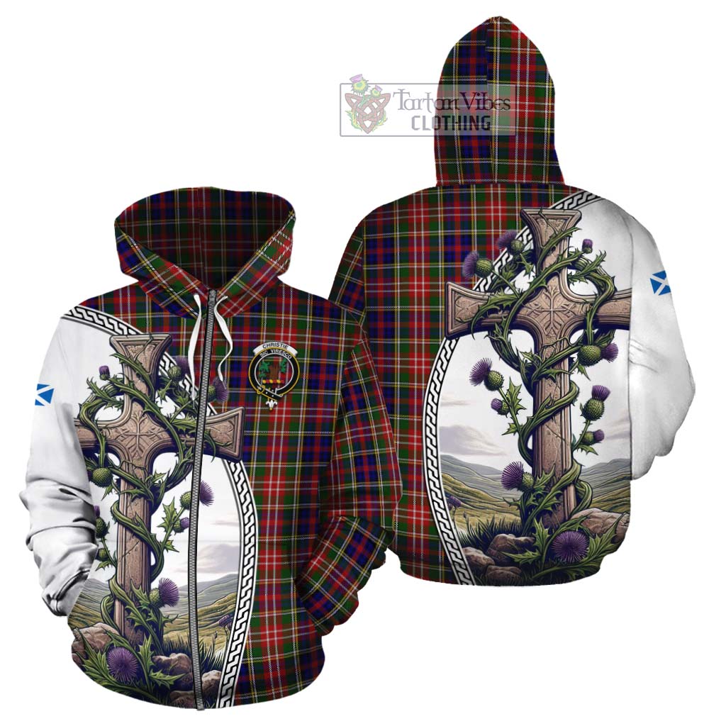 Tartan Vibes Clothing Christie Tartan Cotton Hoodie with Family Crest and St. Andrew's Cross Accented by Thistle Vines