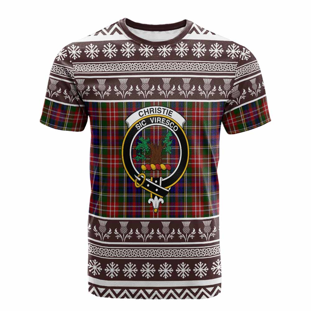 Christie Clan Tartan Christmas Cotton T-shirt with Family Crest - Tartan Vibes Clothing