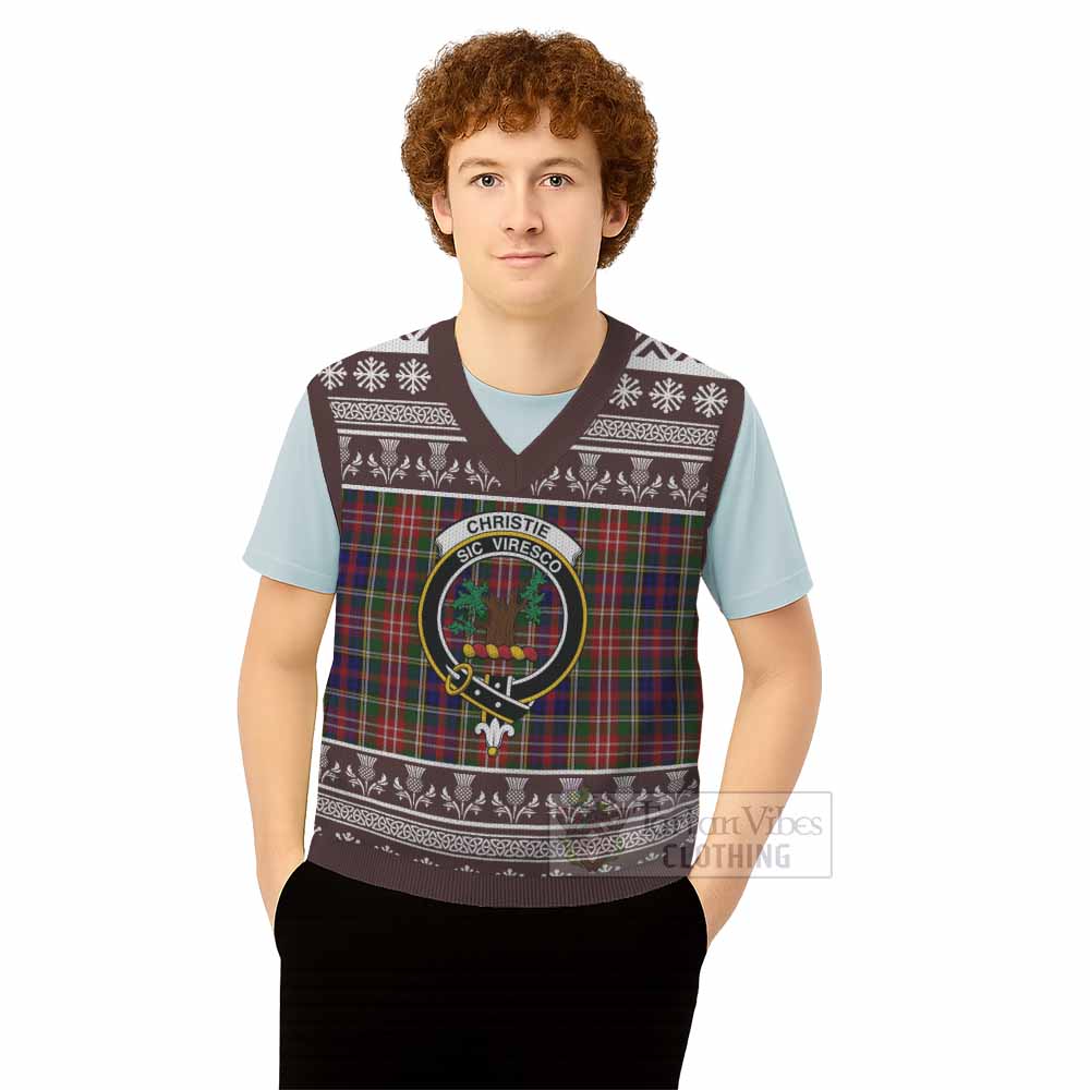 Christie Clan Tartan Christmas Knitted V-Neck Vest with Family Crest - Tartan Vibes Clothing