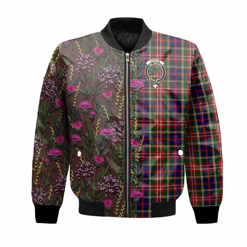 Christie Family Crest Tartan Bomber Jacket Scottish Thistle Flower Pattern Half Style - Tartan Vibes Clothing