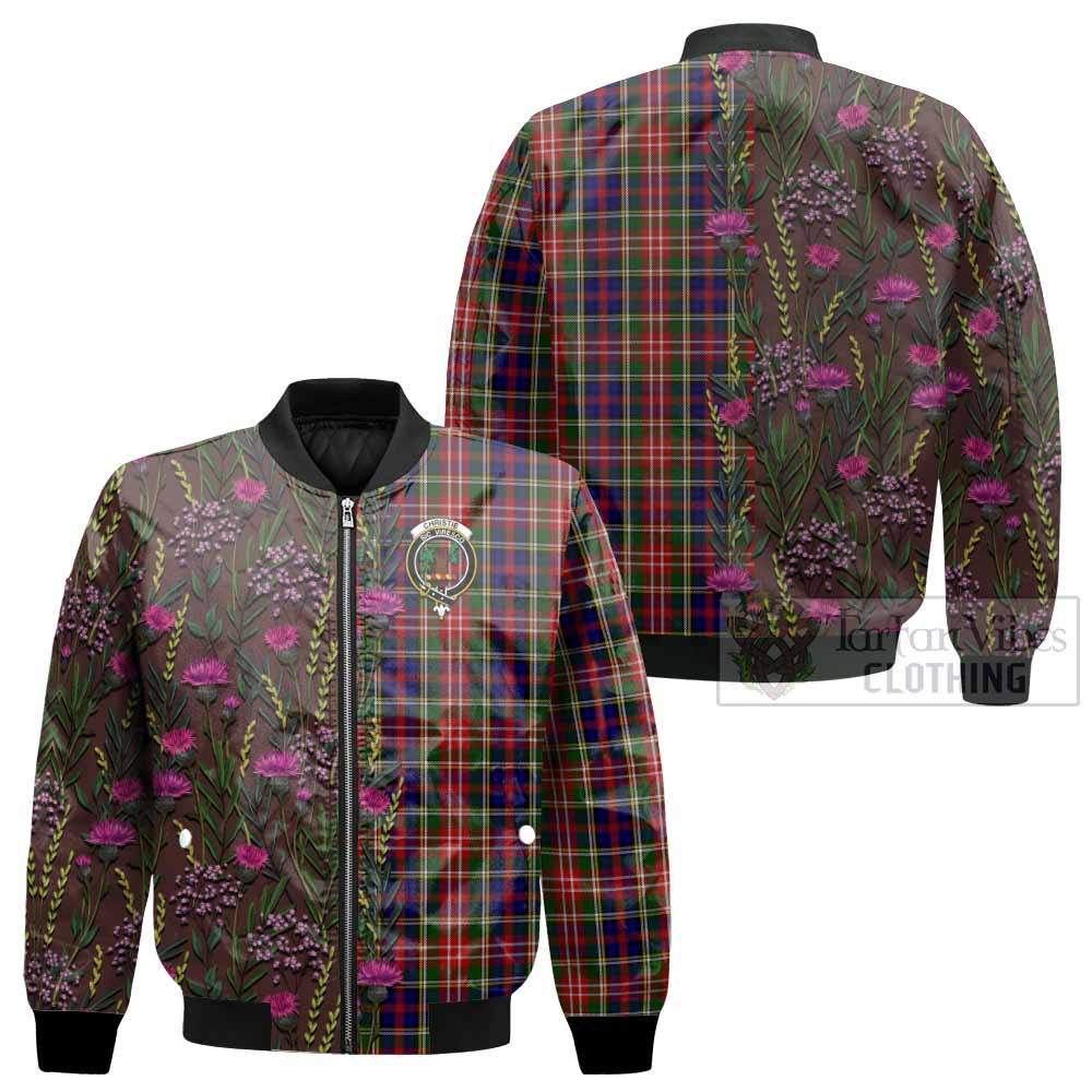 Christie Family Crest Tartan Bomber Jacket Scottish Thistle Flower Pattern Half Style - Tartan Vibes Clothing