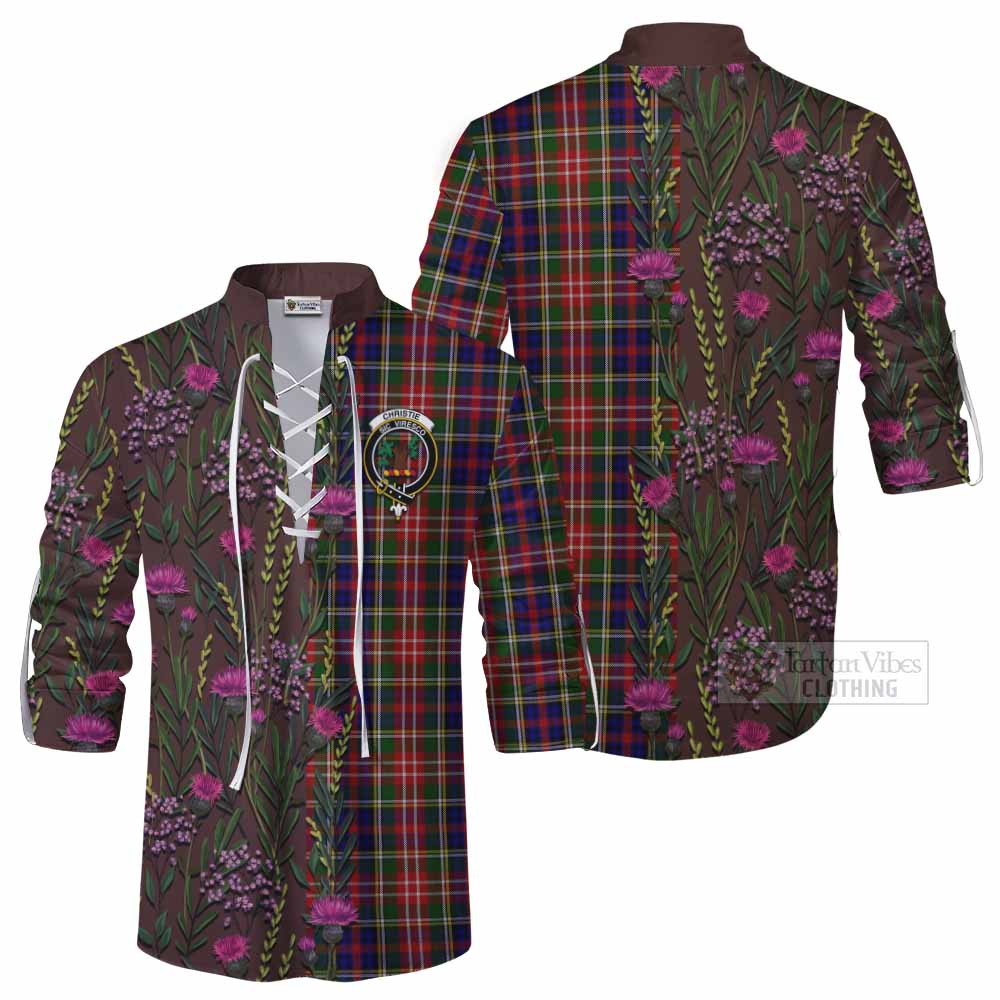 Christie Family Crest Tartan Ghillie Shirt Scottish Thistle Flower Pattern Half Style - Tartan Vibes Clothing