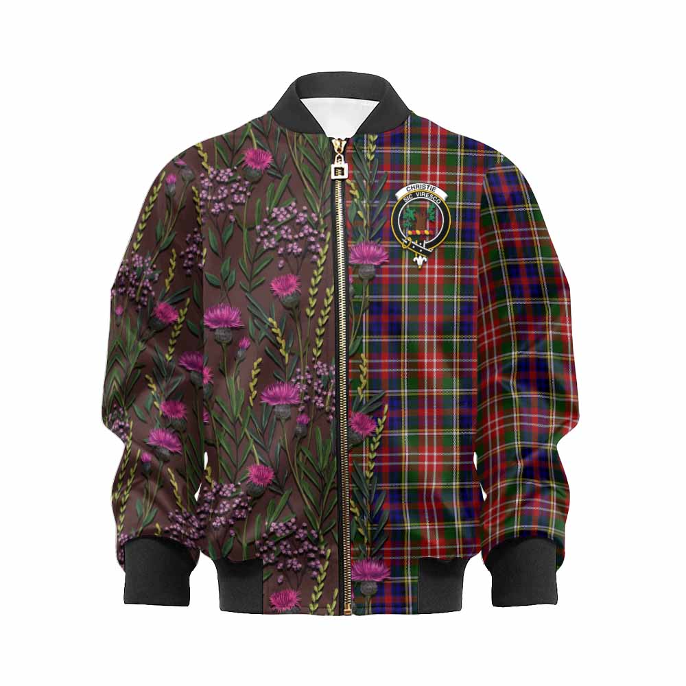 Christie Family Crest Tartan Kid Bomber Jacket Scottish Thistle Flower Pattern Half Style - Tartan Vibes Clothing