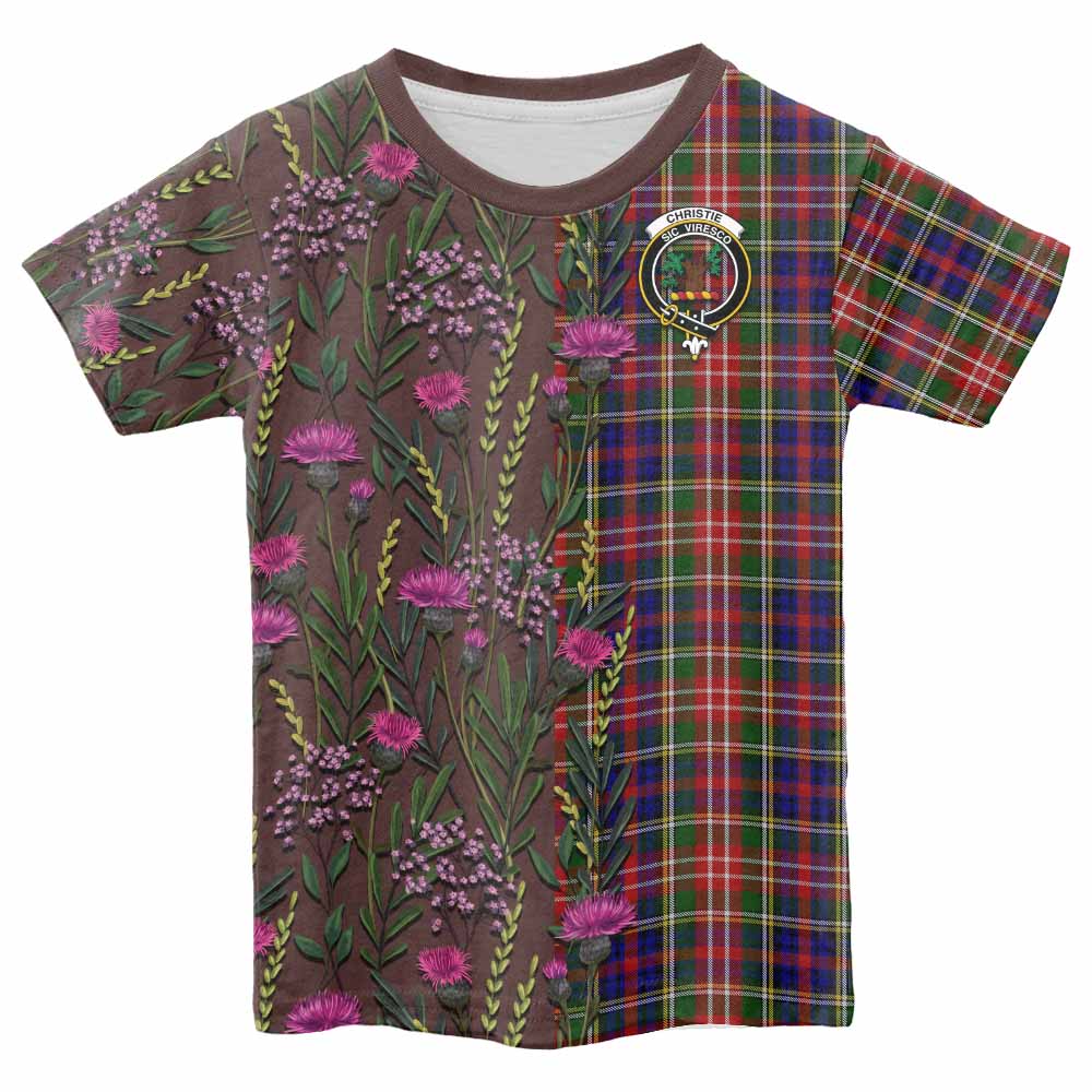Christie Family Crest Tartan Kid T-shirt Scottish Thistle Flower Pattern Half Style - Tartan Vibes Clothing