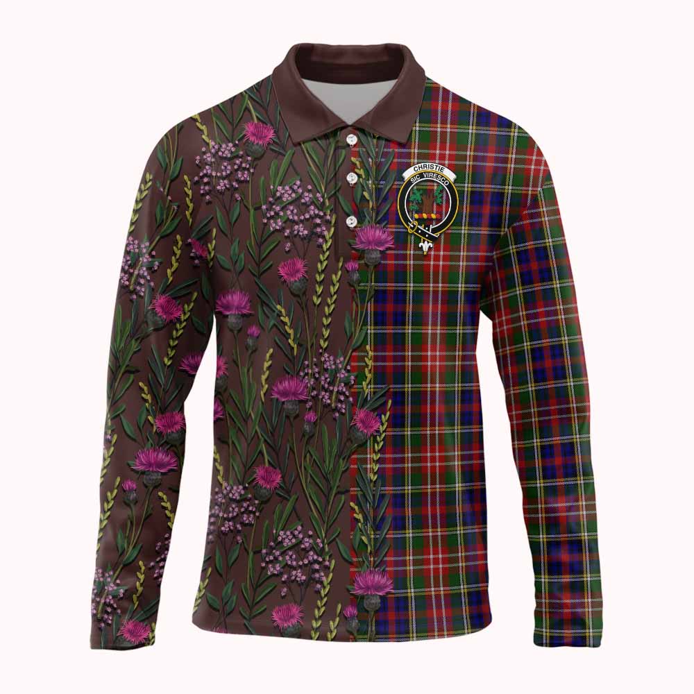 Christie Family Crest Tartan Long Sleeve Polo Shirt Scottish Thistle Flower Pattern Half Style - Tartan Vibes Clothing