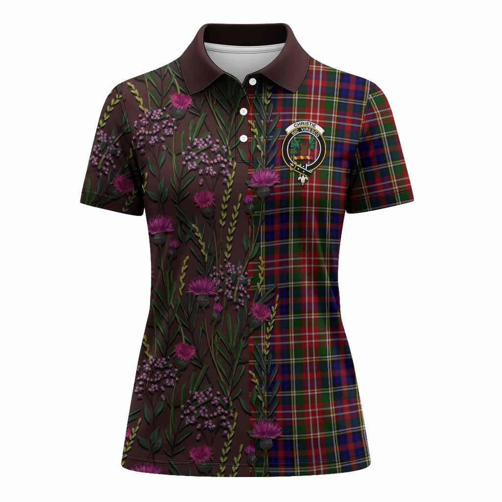 Christie Family Crest Tartan Women Polo Shirt Scottish Thistle Flower Pattern Half Style - Tartan Vibes Clothing
