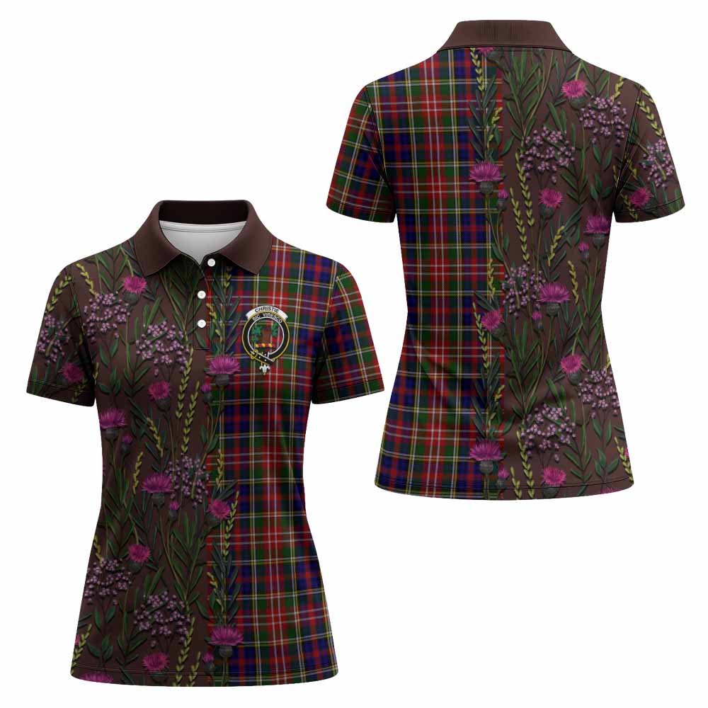 Christie Family Crest Tartan Women Polo Shirt Scottish Thistle Flower Pattern Half Style - Tartan Vibes Clothing