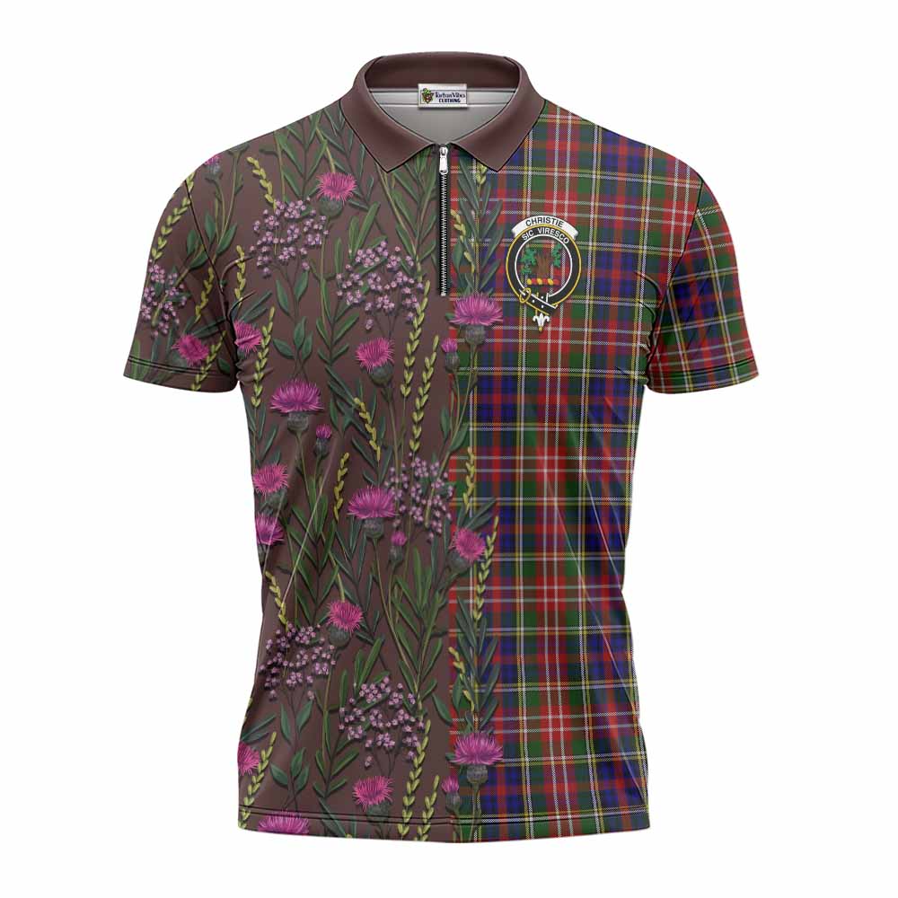 Christie Family Crest Tartan Zipper Polo Shirt Scottish Thistle Flower Pattern Half Style - Tartan Vibes Clothing