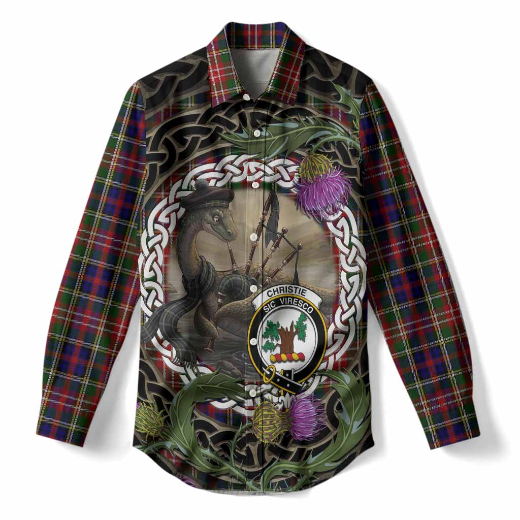 Christie Tartan Crest Bagpipe Nessie Women Casual Shirt Scottish Loch Ness Monster Celtic Thistle
