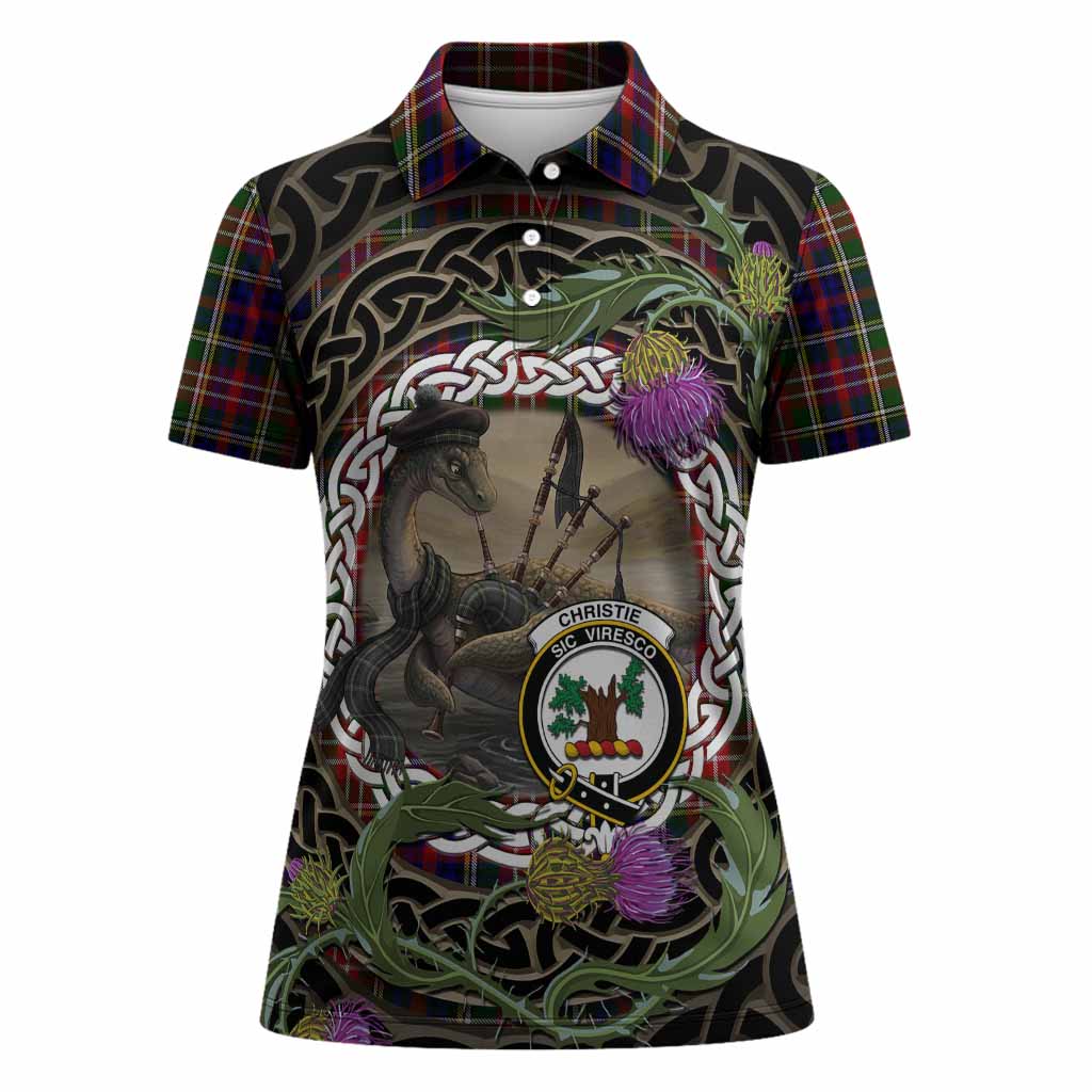 Christie Tartan Crest Bagpipe Nessie Women Polo Shirt Scottish Loch Ness Monster Celtic Thistle