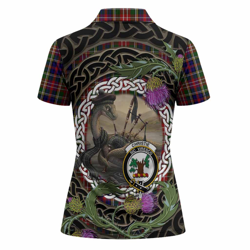 Christie Tartan Crest Bagpipe Nessie Women Polo Shirt Scottish Loch Ness Monster Celtic Thistle