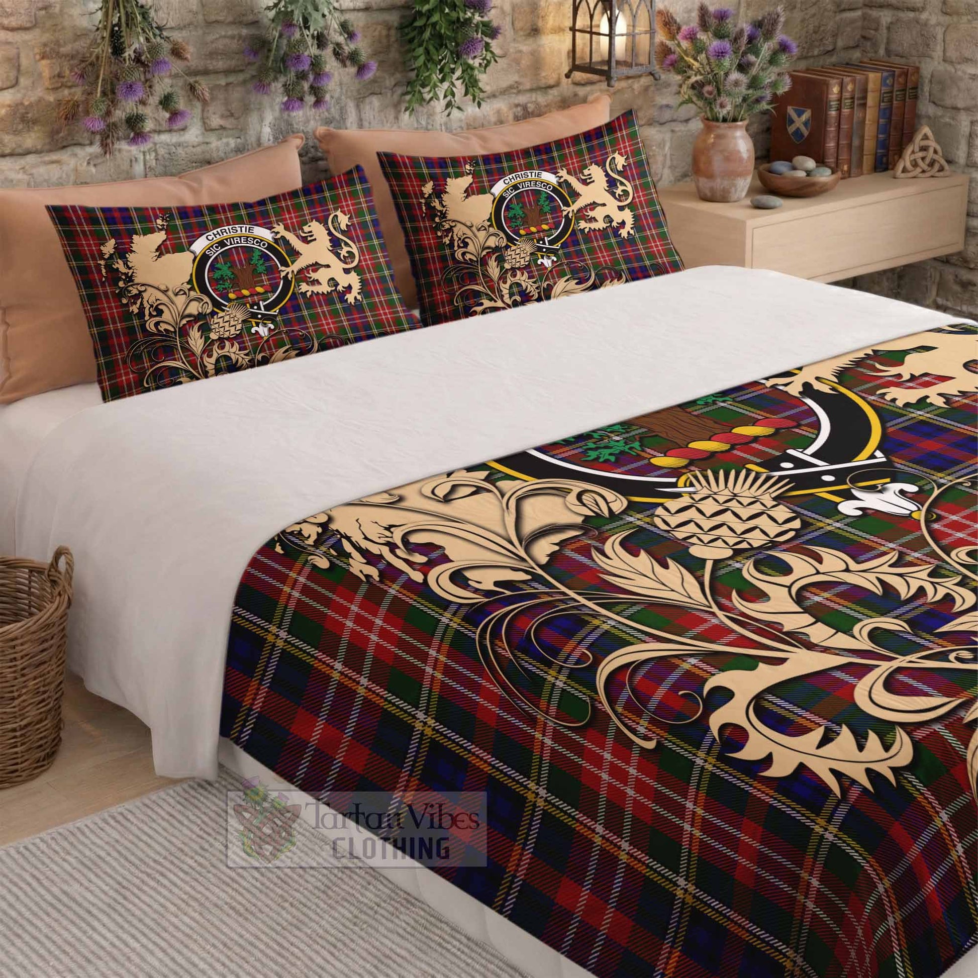 Christie Tartan Crest Bedding Set with Scottish Iconic Symbols 