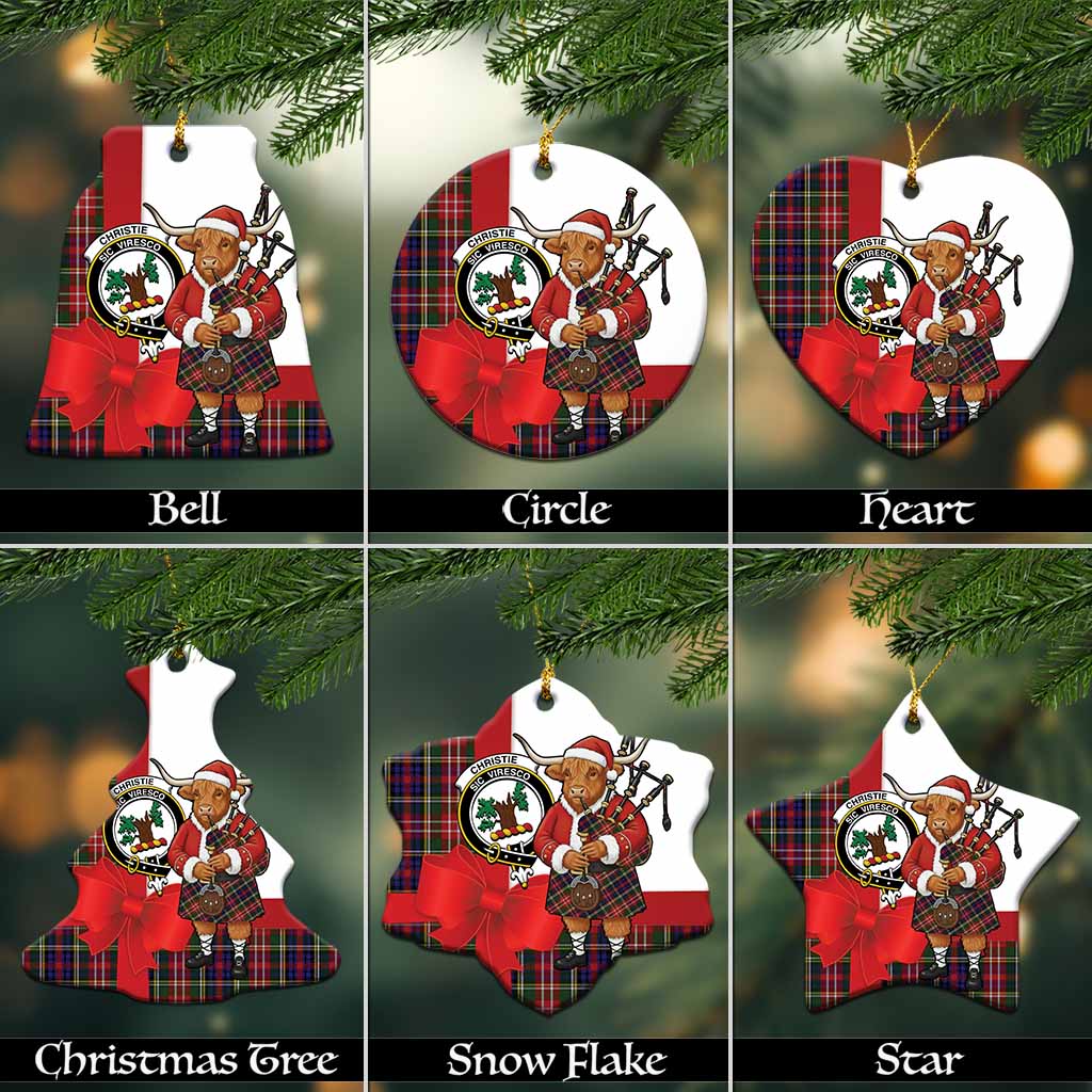 Christie Tartan Crest Christmas Ceramic Ornament Highland Cow Bagpipes Coquette Bow Style