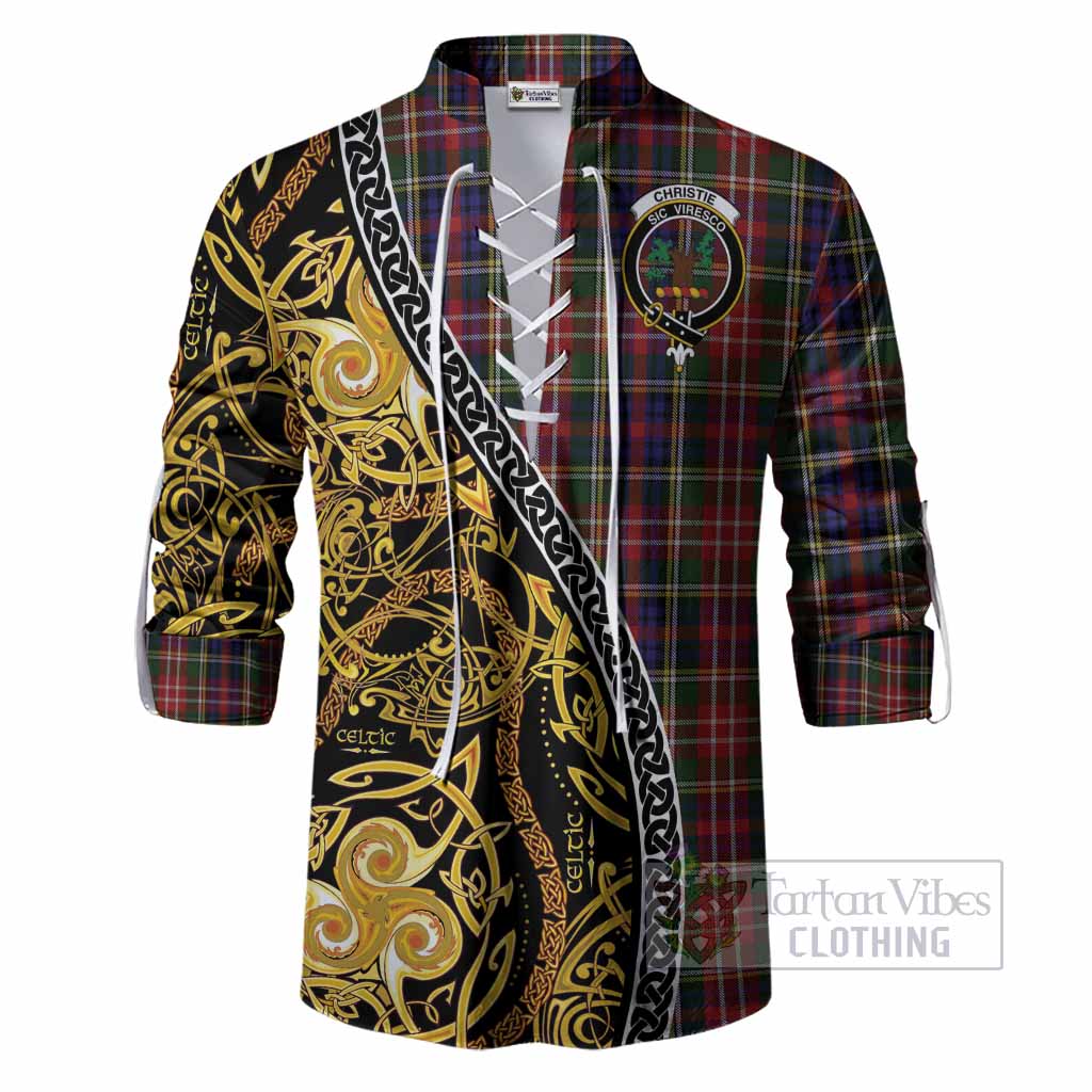 Christie Tartan Crest Ghillie Shirt Celtic Knot and Triple Trickle Spiral Symbols