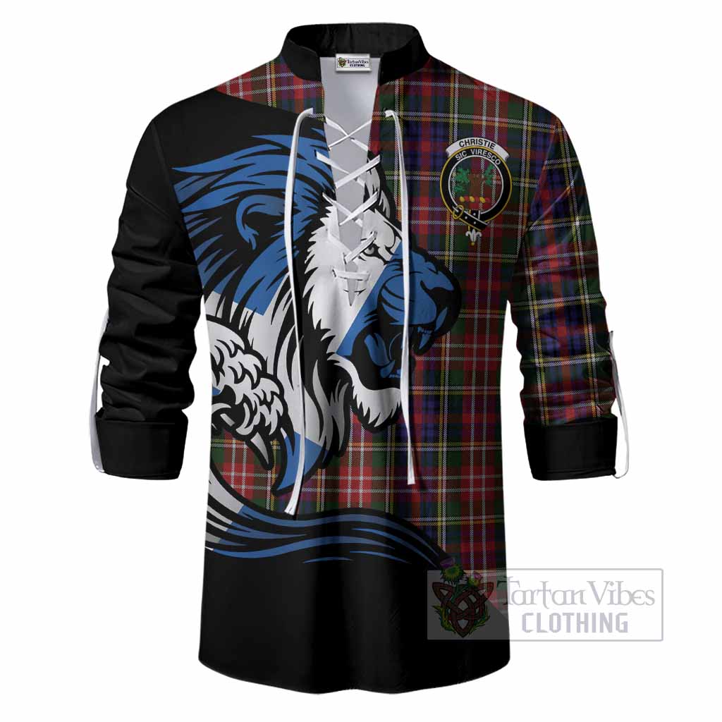 Christie Tartan Crest Ghillie Shirt Scottish Golden Lions Wave Flow