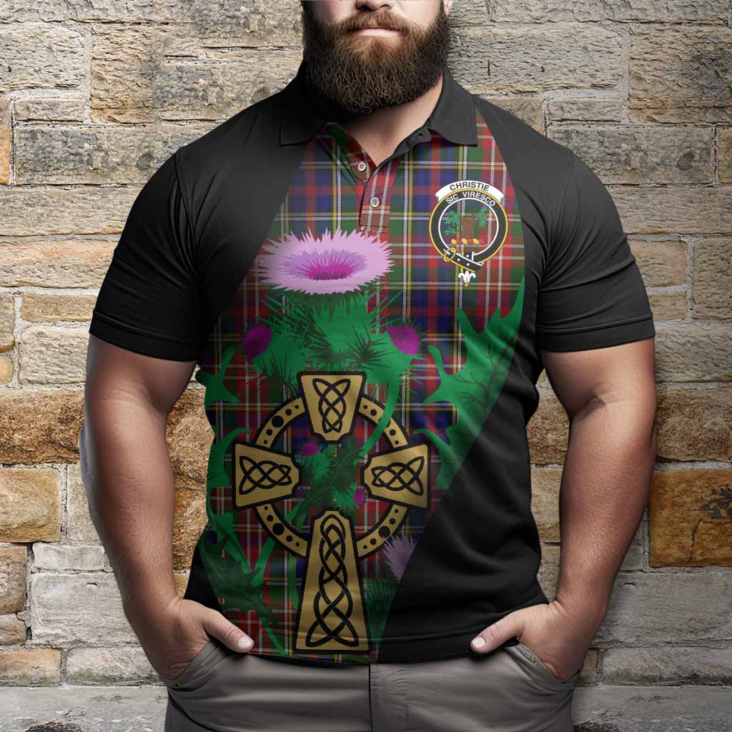 Christie Tartan Crest Polo Shirt Celtic Cross Thistle Flowers